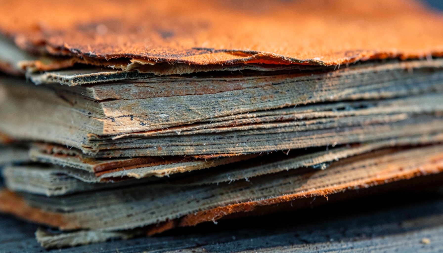 Extreme close-up of weathered stacked book spines and aged paper edges, warm amber light against muted slate-blue shadows, calm and contemplative mood.